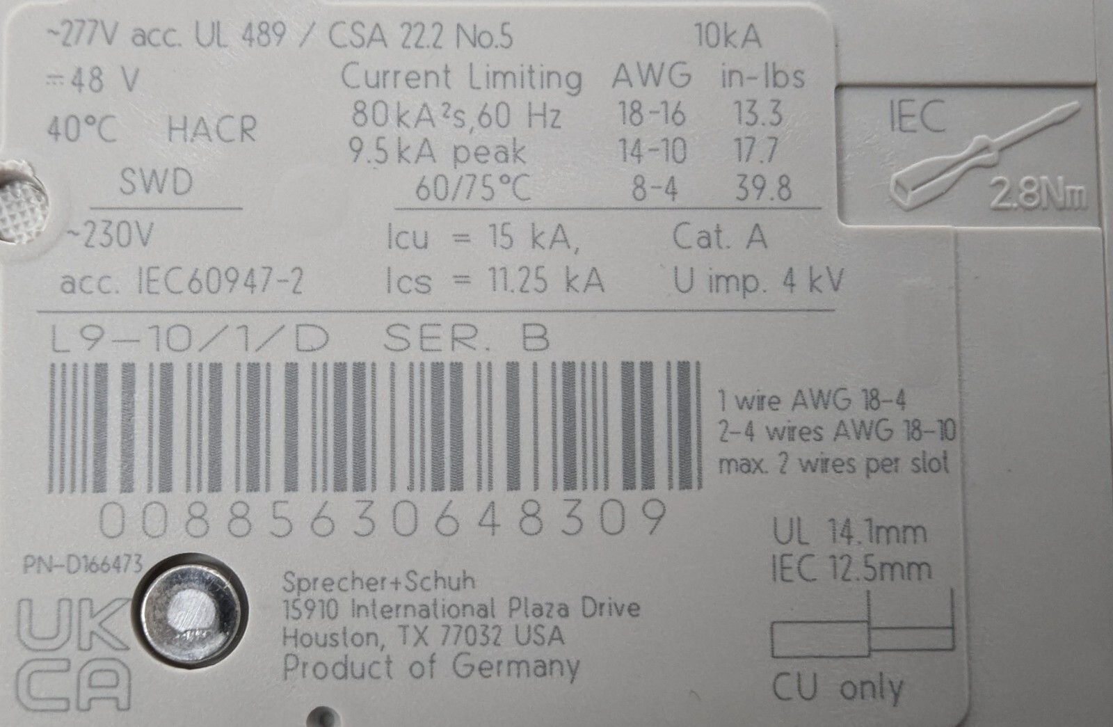 2 Sprecher + Schuh L9-10/1/D Miniature Circuit Breaker 10A 1Pole D-Curve NEW