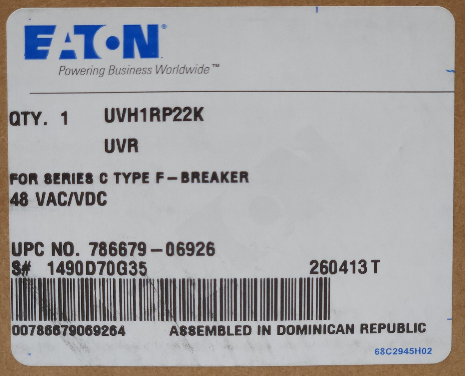 EATON CUTLER HAMMER UVH1RP22K F Frame 48 VAC VDC UVR Undervoltage Release 1490D7