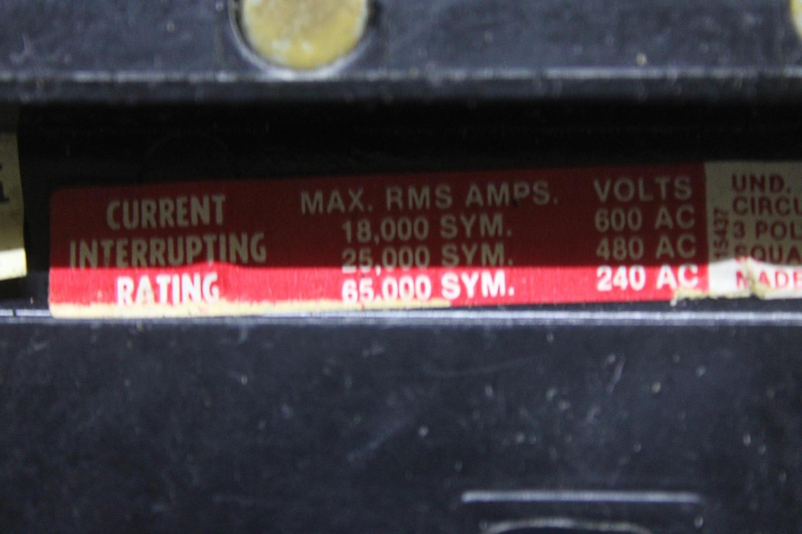SQUARE D I-LINE CIRCUIT BREAKER FH36100 100 AMP 600 VAC 3-POLE