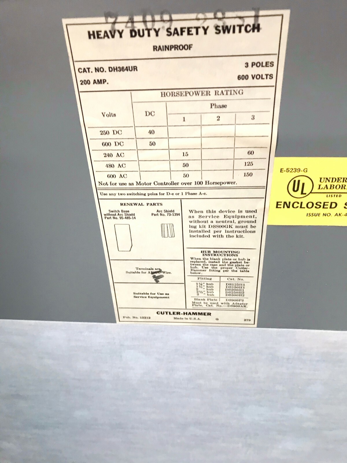 CUTLER HAMMER EATON DH364UR SAFETY SWITCH 200 A 3 POLE 600V NEW RAINPROOF
