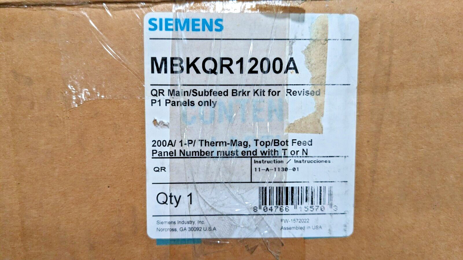 Siemens Low Voltage Breaker Mounting Kit Type QR2 200A 240V 2-Pole MBKQR1200A