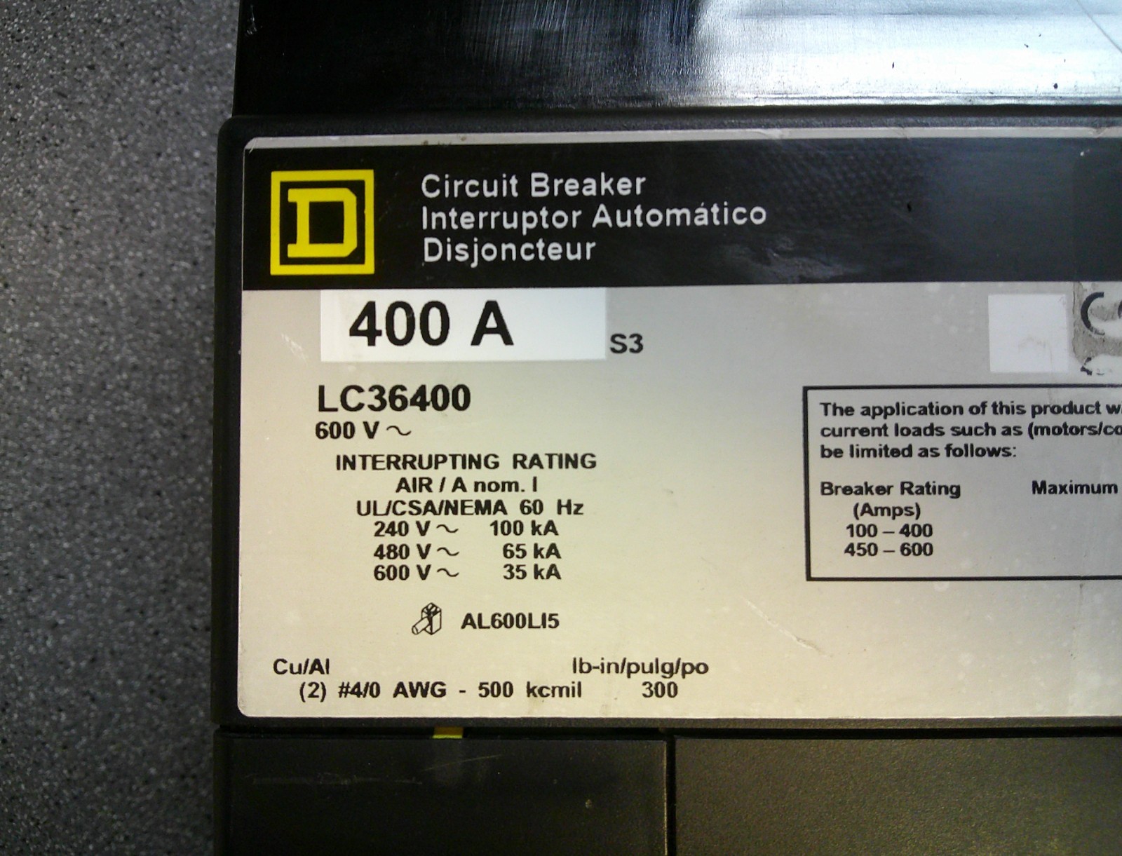 SQUARE D LC36400 400 AMP 600 VOLT CIRCUIT BREAKER