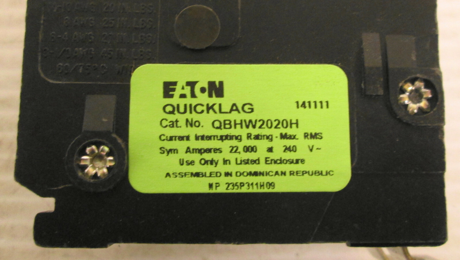 Eaton QBHW2020H Circuit Breaker 2P 20A 240VAC