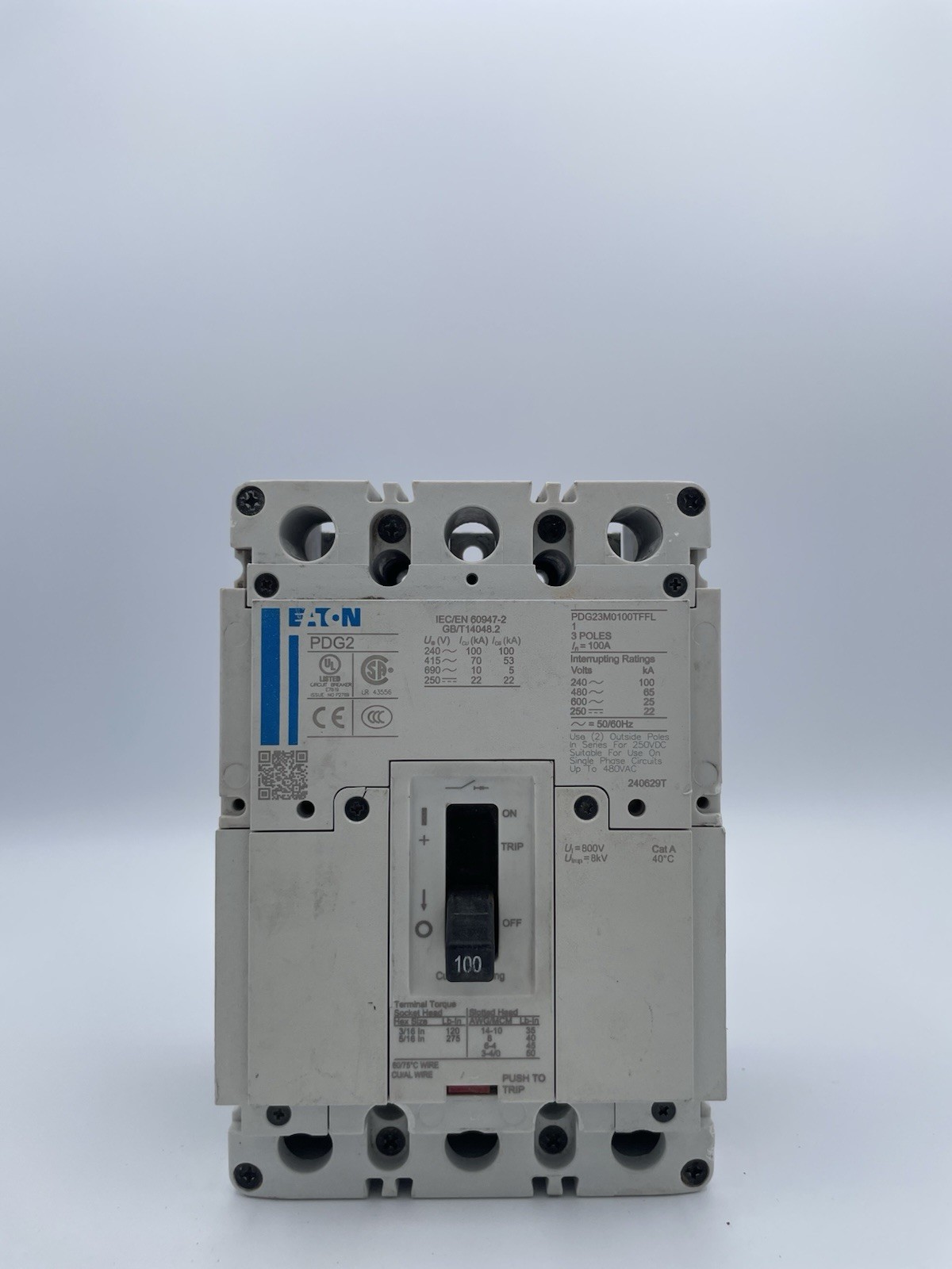 Eaton PDG23M0100TFFL Power Defense Molded Case Circuit Breaker, 3-Pole 600V 100A
