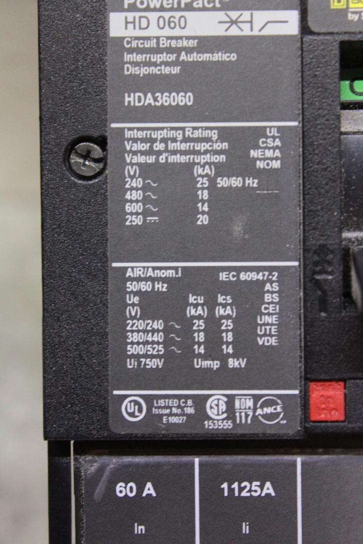 SQUARE D POWERPACT I-LINE CIRCUIT BREAKER HDA36060 60 AMP 600 VAC 3-POLE