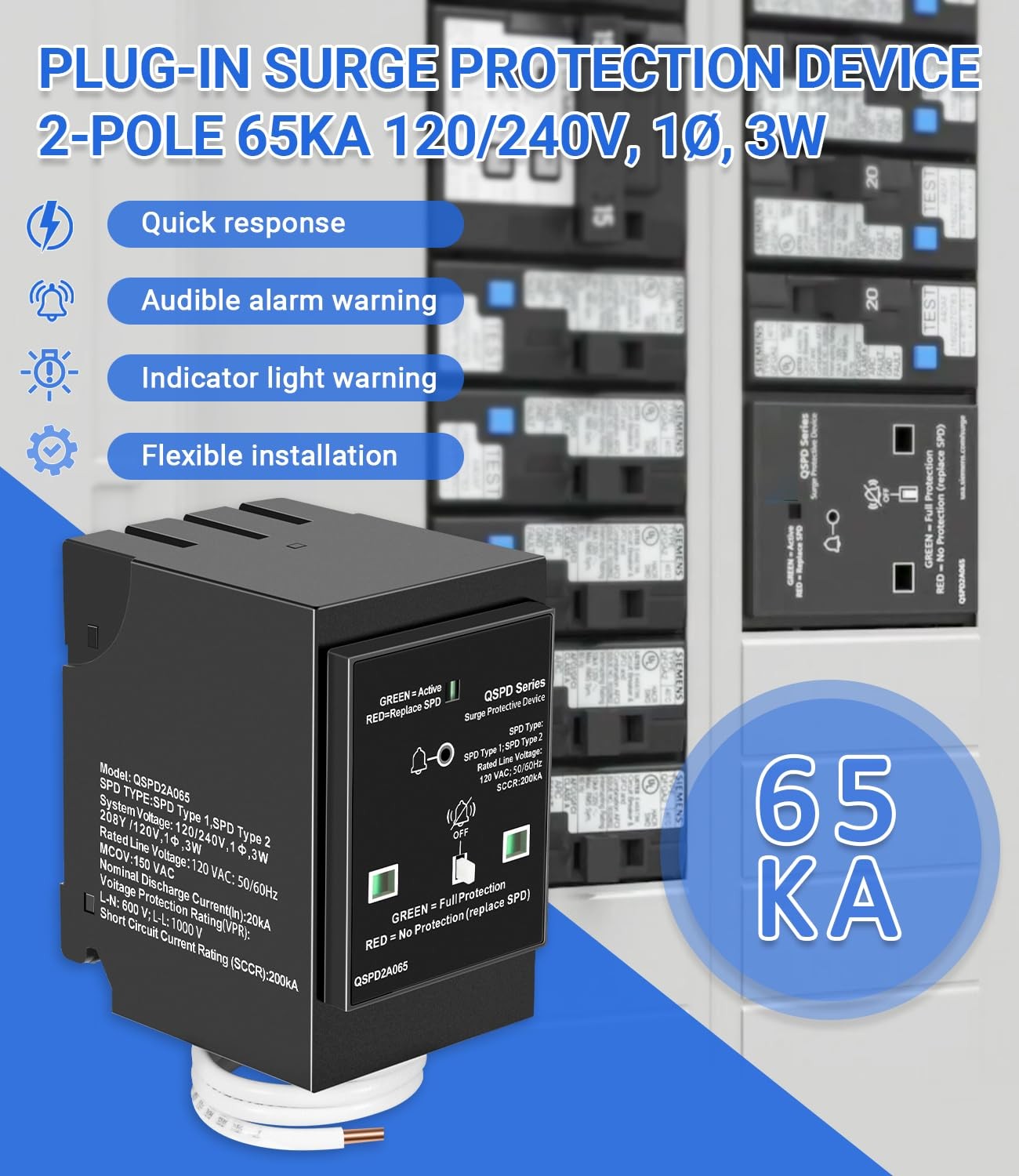 for Siemens QSPD2A065P 2-Pole 65kA 120/240V 1Ø AC House Surge Protection Device