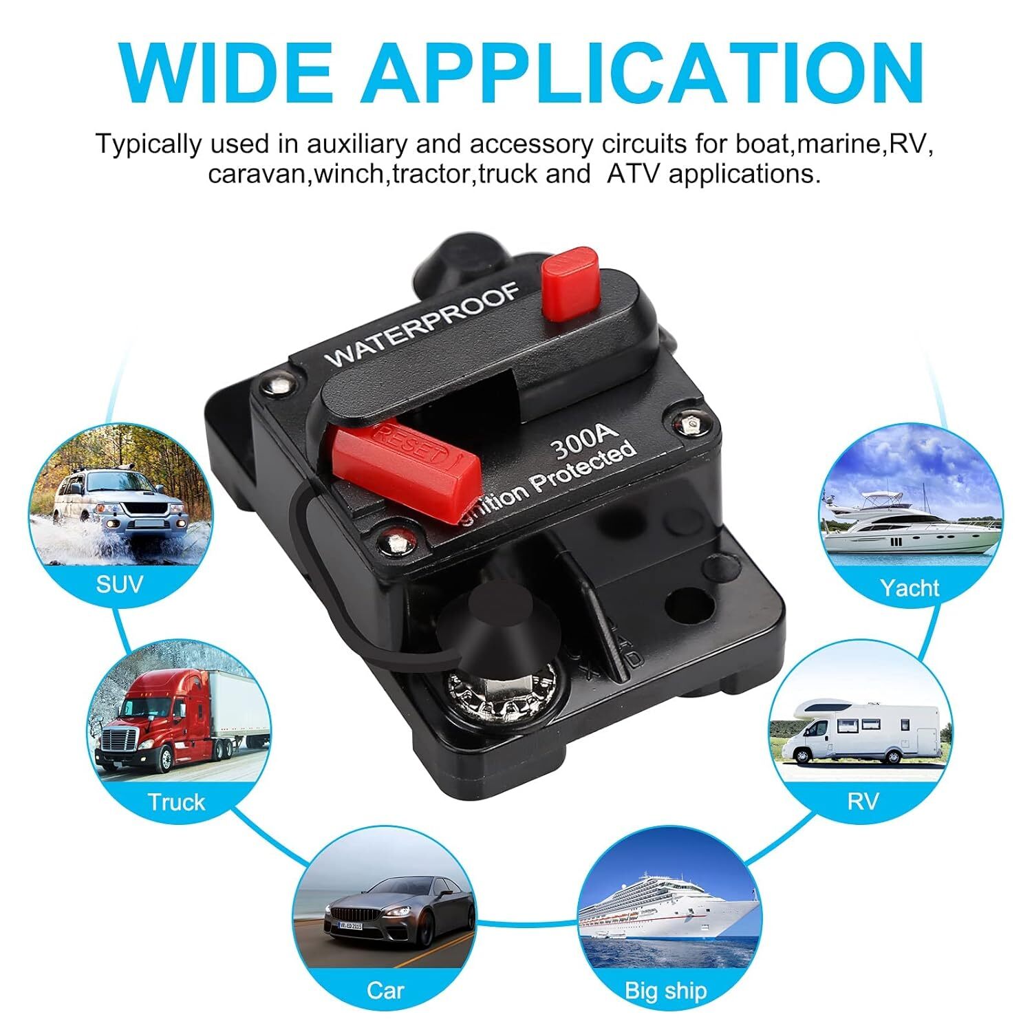Waterproof Car Circuit Breaker Fuse Reset 30-300 Amp 12V-48V DC Car Boat Auto