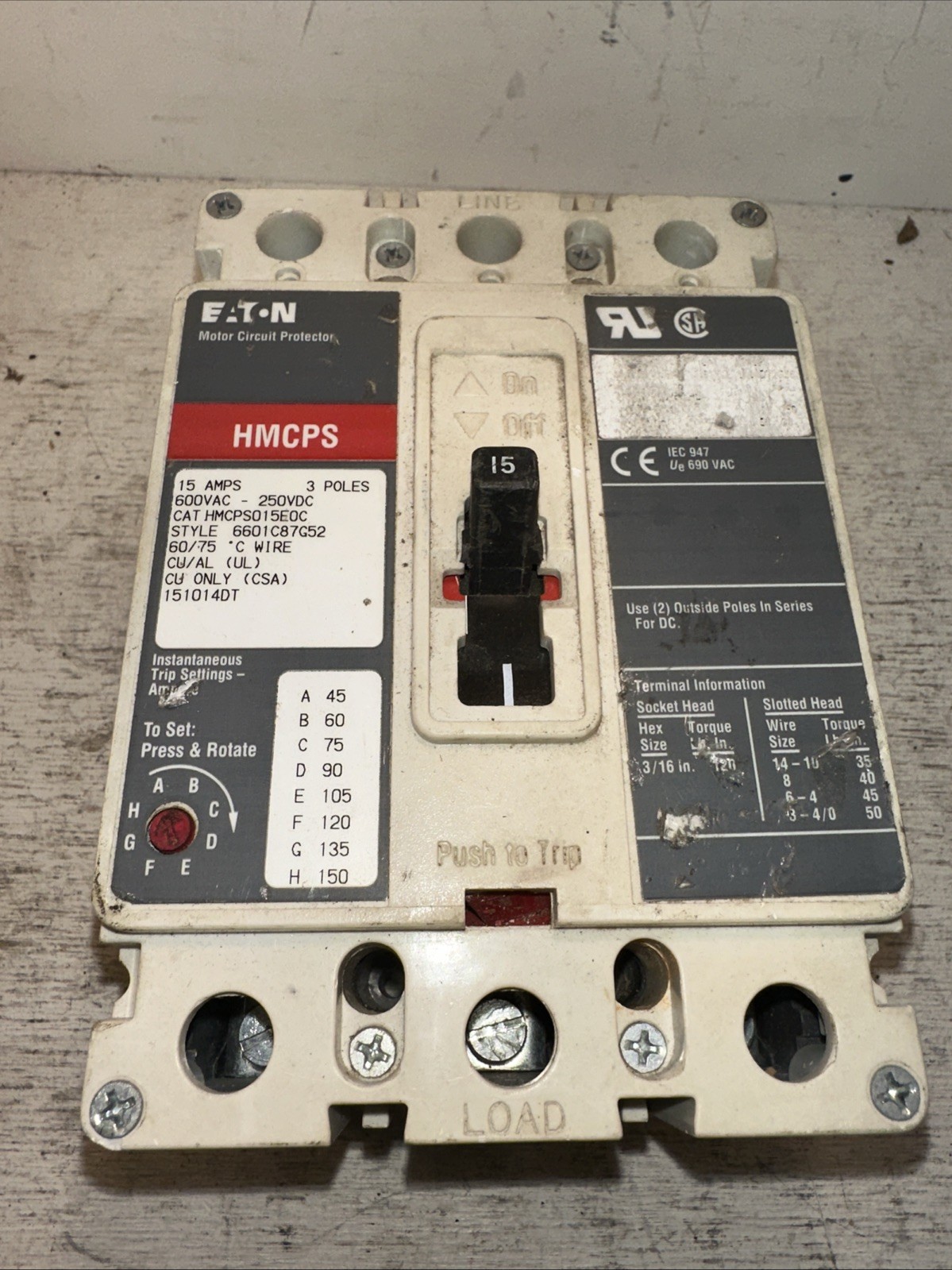 Tested EATON /Cutler Hammer HMCP015EOC 15 Amp 600 Volt 3 Pole Circuit Breaker