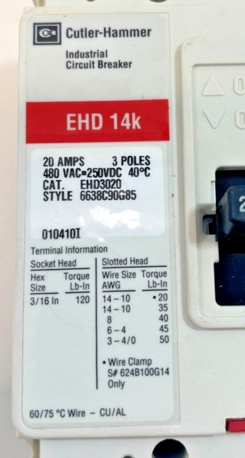CUTLER HAMMER EHD3020 – 20A, 3P, 480 VOLT INDUSTRIAL CIRCUIT BREAKER, 14K – NEW