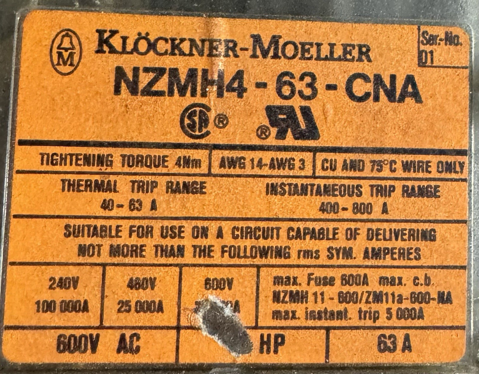 Klöckner-Moeller NZMH4-63-CNA Main Breaker 63A 3-Pole 600V AC Thermal Overload