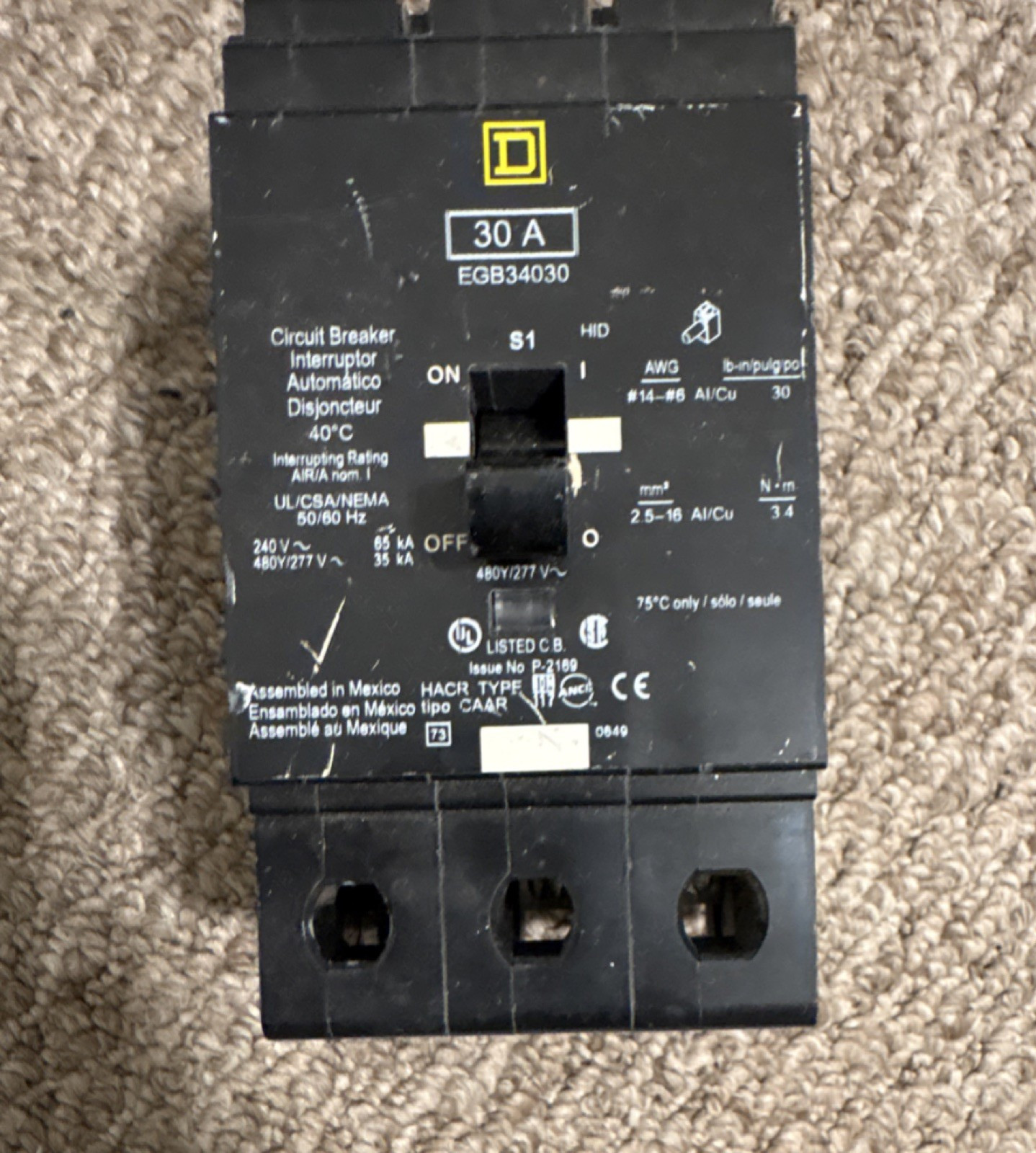 Square D EGB34030 30A 3-Pole 480/277V HACR Type Circuit Breaker Bolt-On