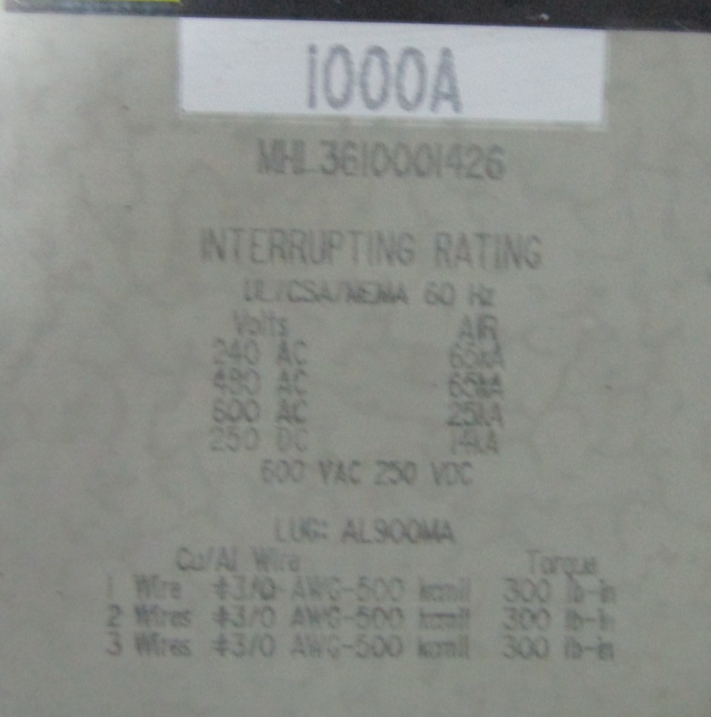 😍SQUARE D 1000A CIRCUIT BREAKER WITH SHUNT AND AUX 600VAC/250DC MHL3610001426