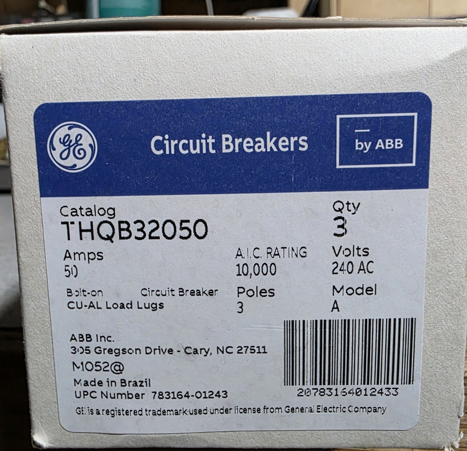 THQB32050 THQB 3 Pole 50 Amps 120/240Volt Bolt-On BRAND NEW GE ABB Breaker