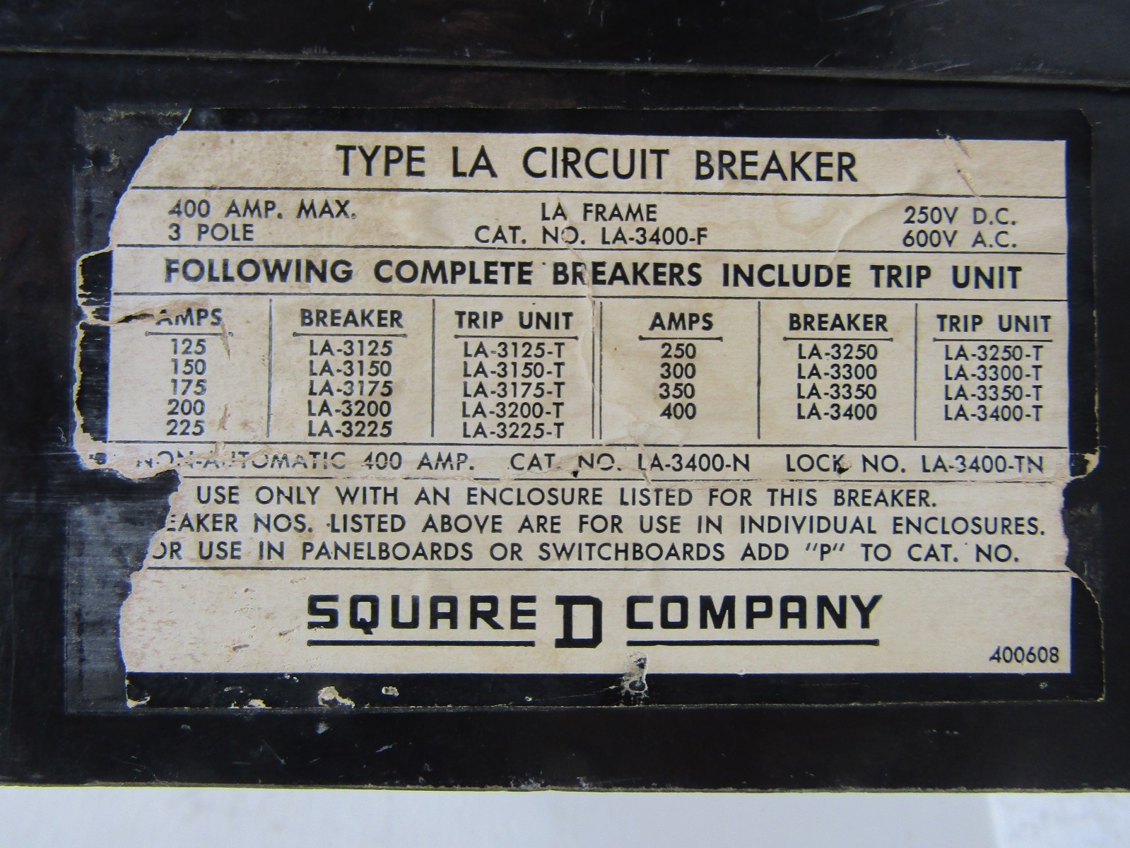 Square D LA-3400-F 400 Amp 600V 3-Pole Circuit Breaker 200A Trip Unit 200 Amp 3P
