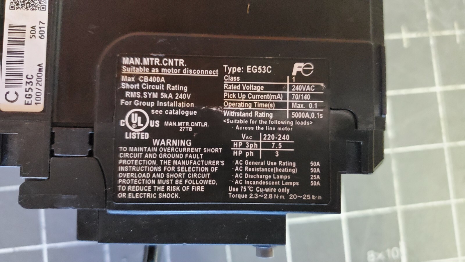 Fuji E.L. Circuit Breaker, EG53C / 50A / AC 100-230-440V / 200mA / EB3BEC-050K