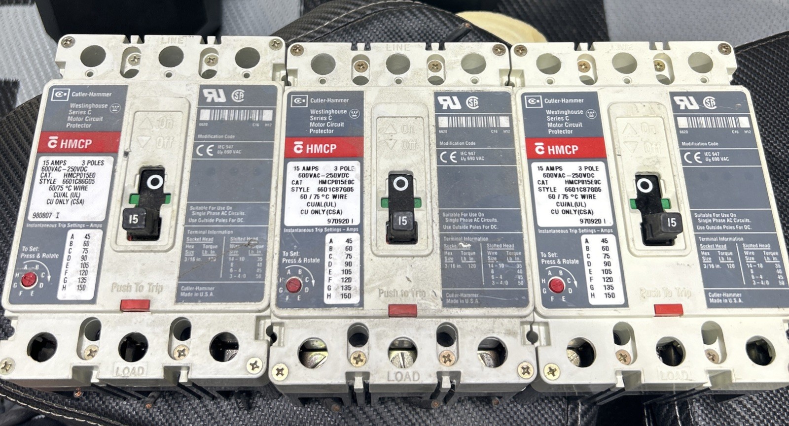 3 Used EATON /Cutler Hammer HMCP015EOC 15 Amp 600 Volt 3 Pole Circuit Breakers