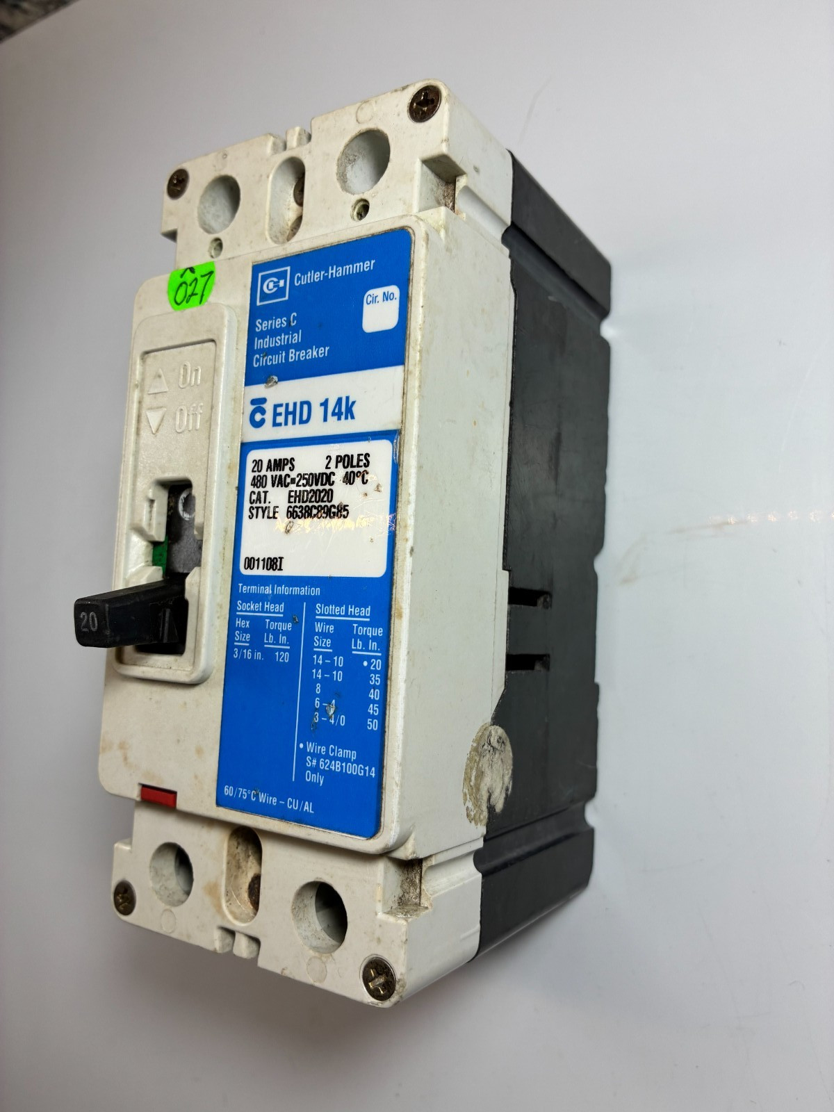 Eaton Cutler-Hammer EHD2020 20-Amp 2-Pole 480-Volts Max 18Ka TESTED 60D-WARRANTY