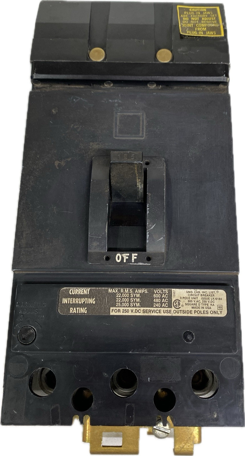 SQUARE D KA36125 125A 3P 600V 22kA Adjust. Trip I-Line Circuit Breaker w/ Lugs