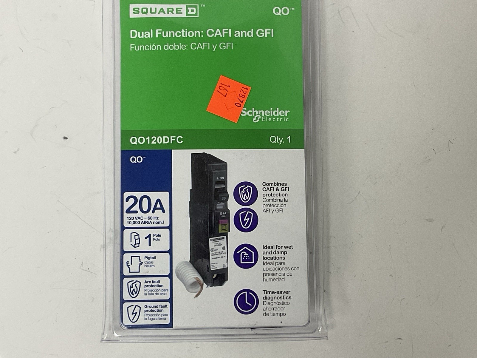 Schneider Square D QO120DFC 20 Amp Single-Pole Dual Function Circuit Breaker