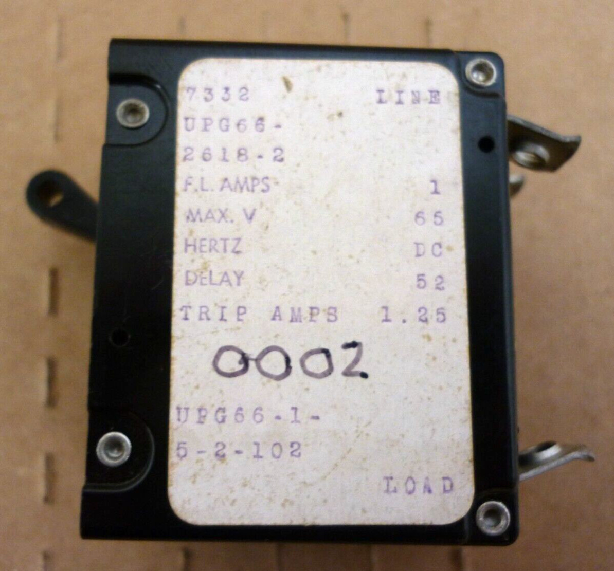 AIRPAX 1 F.L. Amps/1.25 Trip Amps MAX-65V Circuit Breaker, P/N UPG66-1-5-2-102