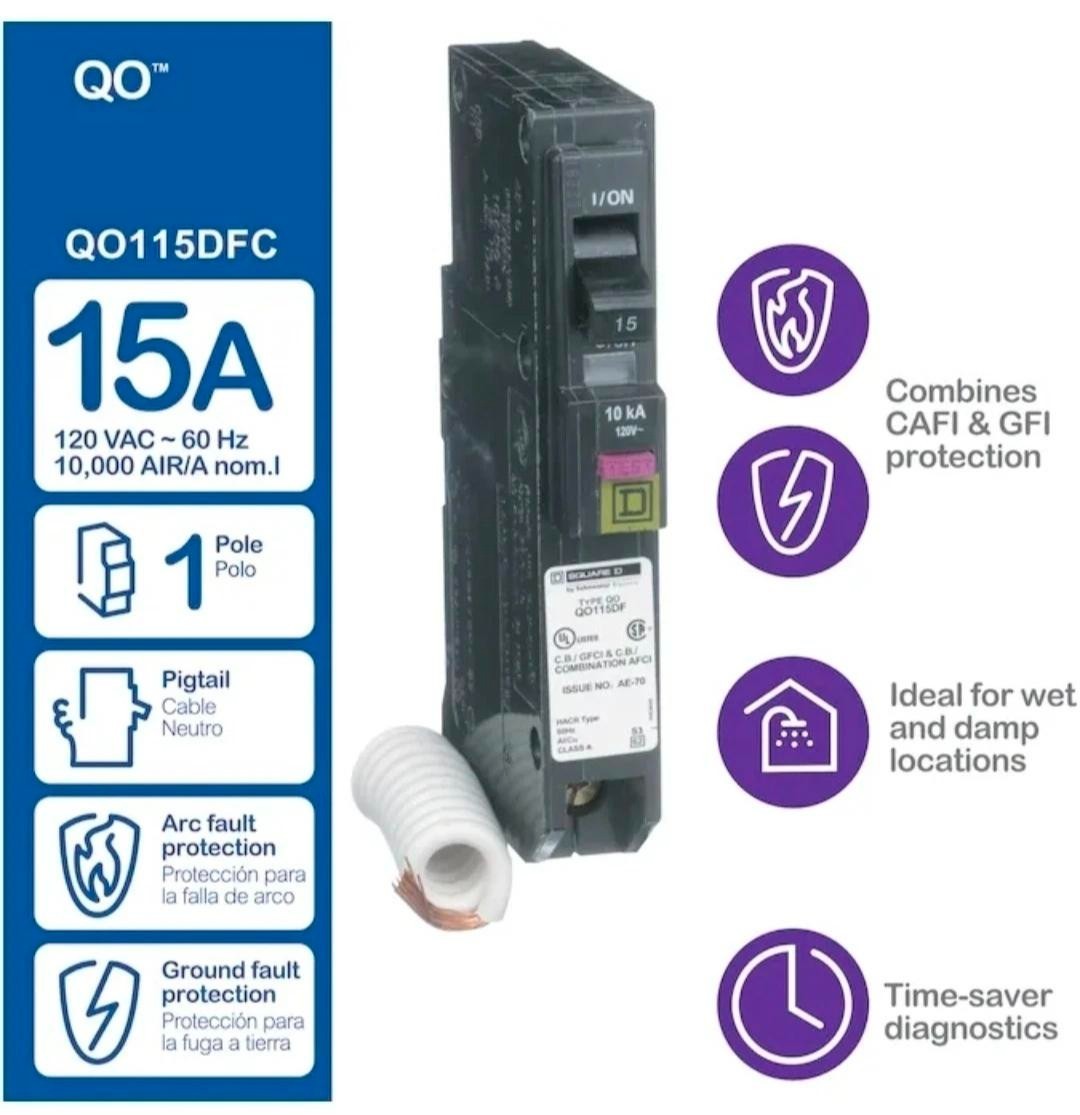 Square D QO115DFC 15 Amp Dual Function 1-Pole Pigtail Breaker GFI CAFI