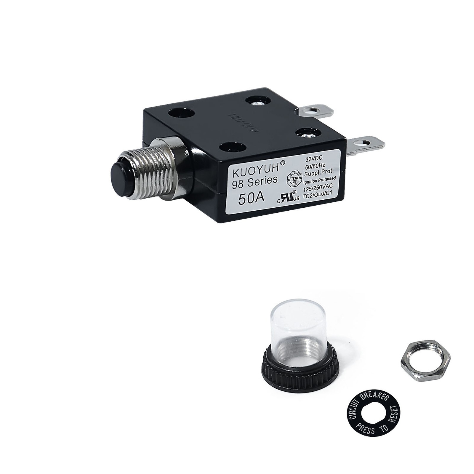 Universal 50 Amp Push Button Thermal Circuit Breaker 12-50V DC 125-250V Volt