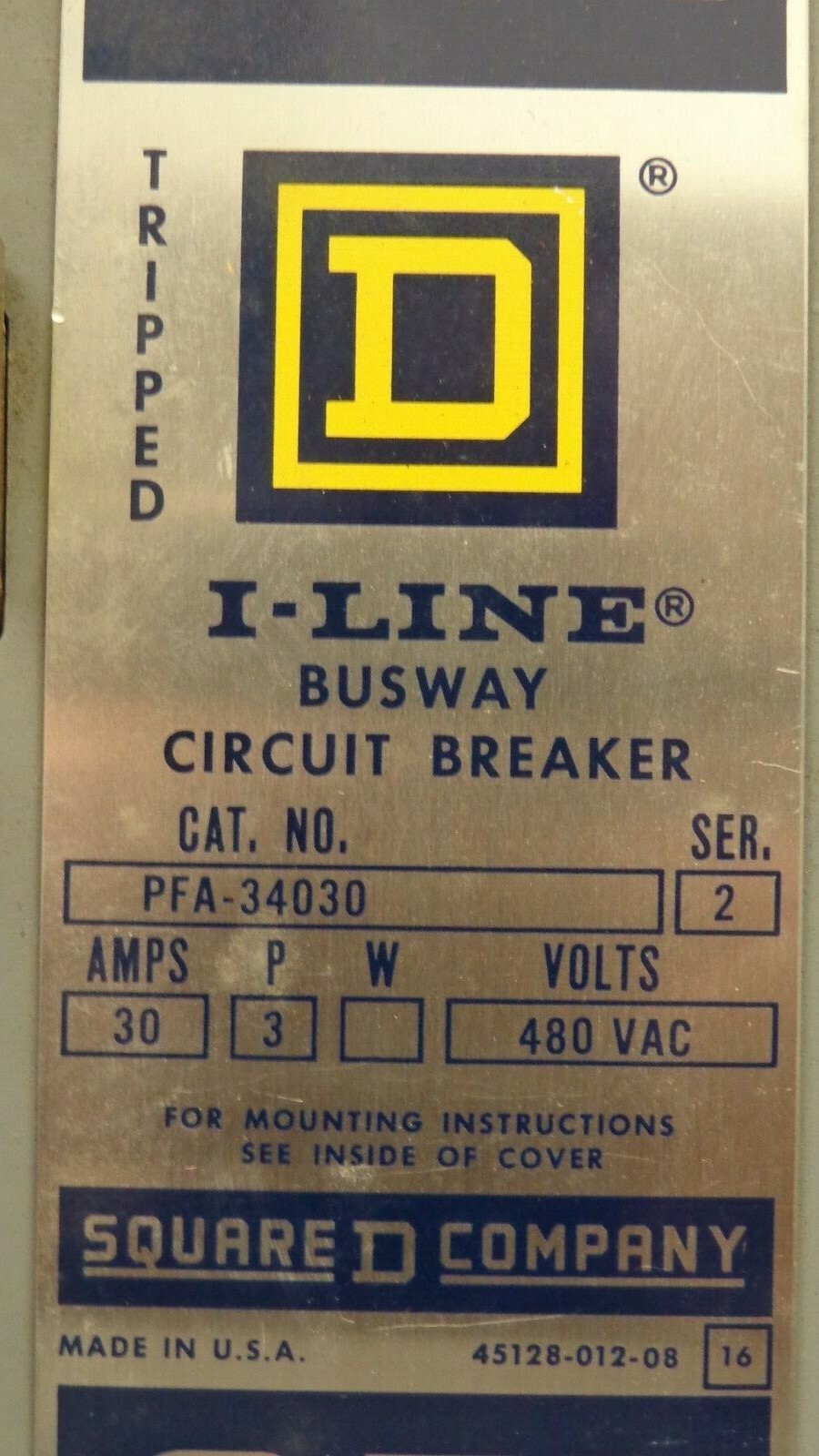 PFA-34030 SQUARE D I-LINE BUSWAY CIRCUIT BREAKER 30 AMP, 3PH 3 WIRE, 480VAC