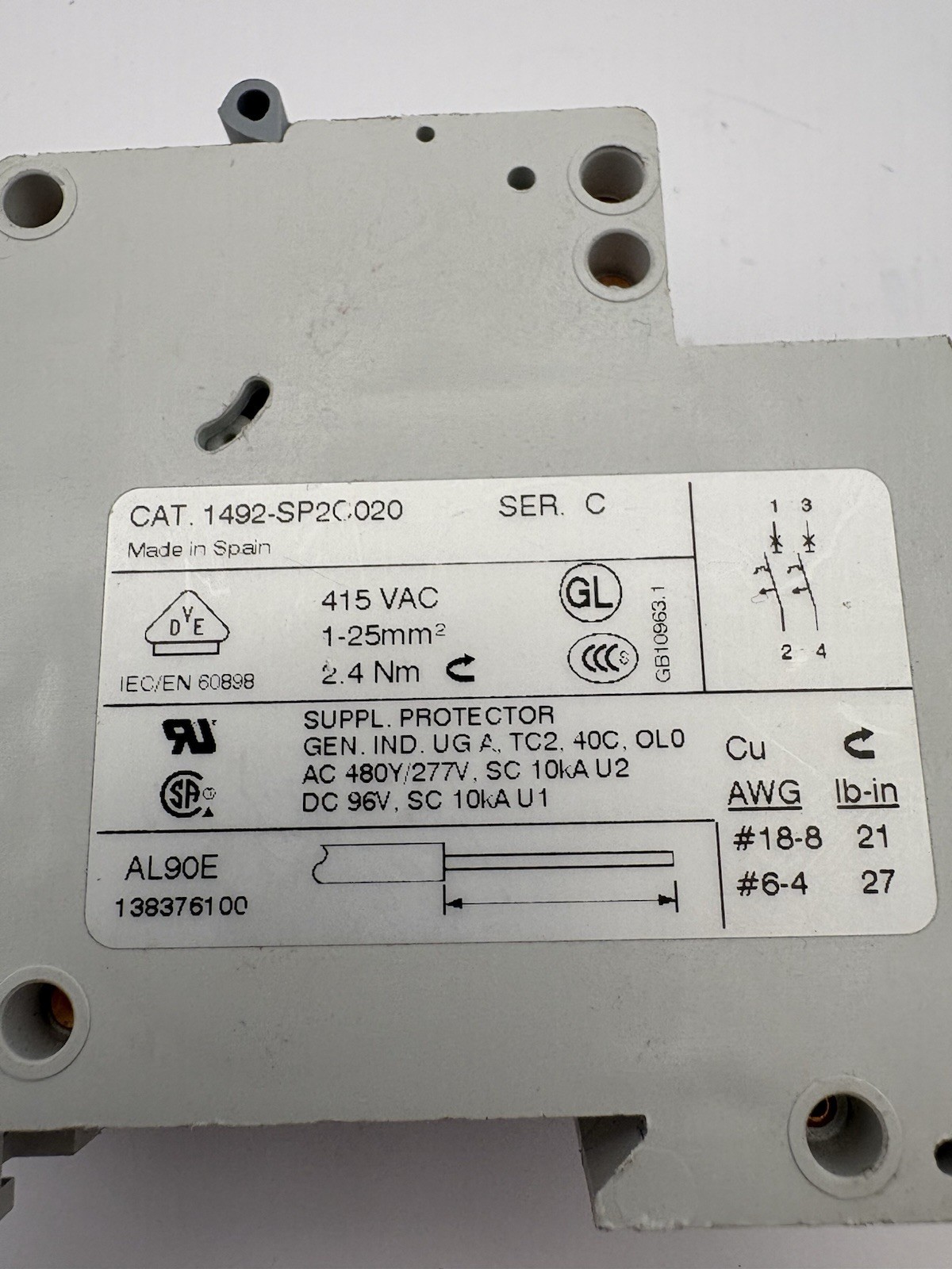 Allen-Bradley 1492-SP2C020 Supplementary Protector 2 Pole 2Amp Circuit Breaker