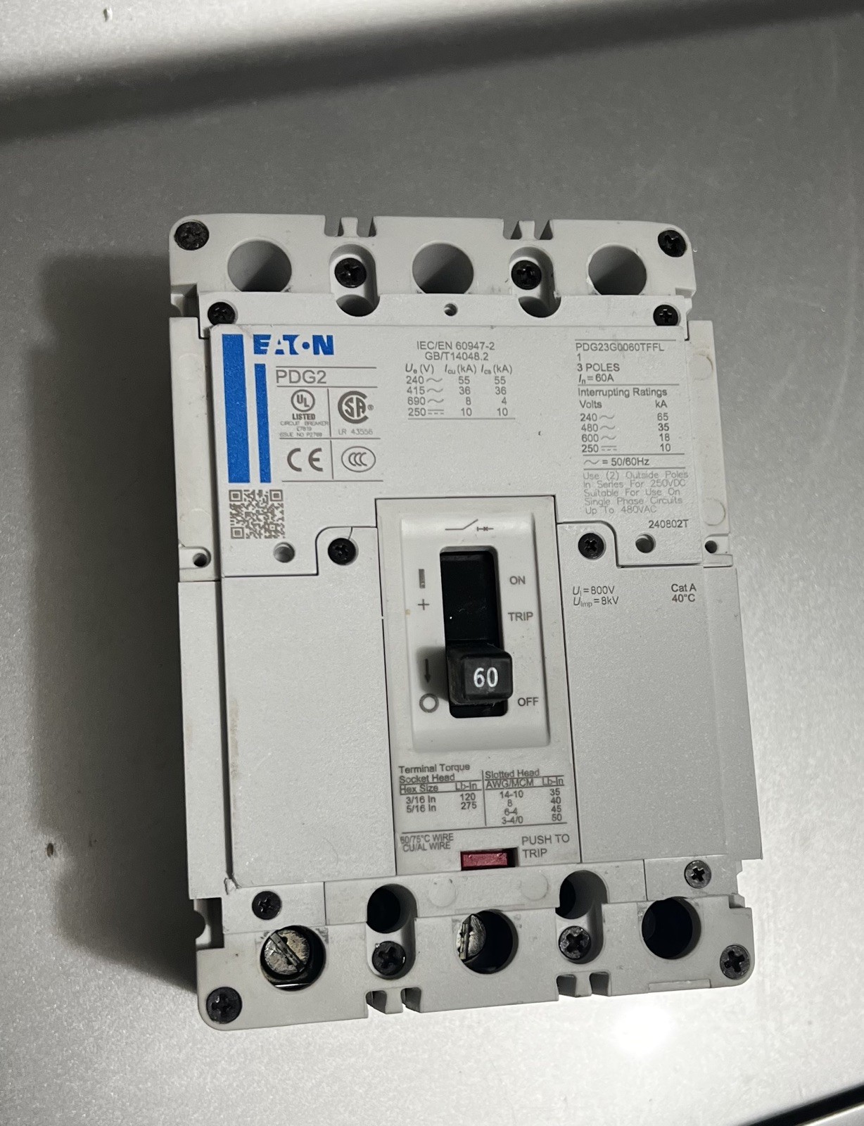 NEW EATON PDG2 PDG23G0060TFFL 3 Pole 60 Amp 600V Circuit Breaker NTO