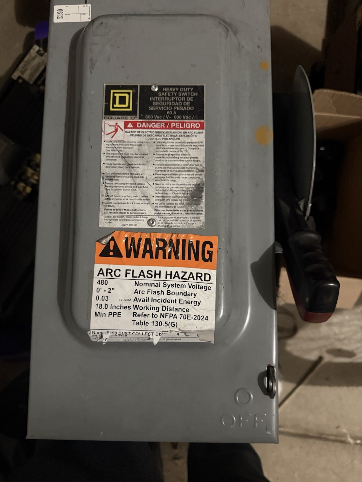 Square D H362 60 amp 600V 3 Phase Fused Type 1 Indoor Disconnect Used