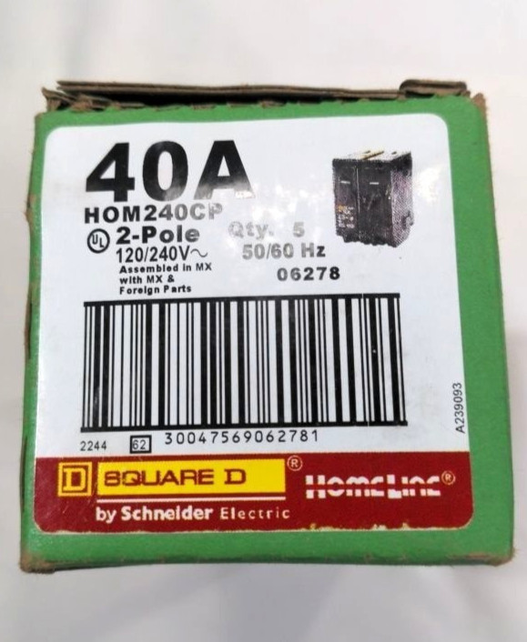 Square D Homeline 40A 2-Pole Circuit Breakers 120/240V 50/60Hz 5 Pack