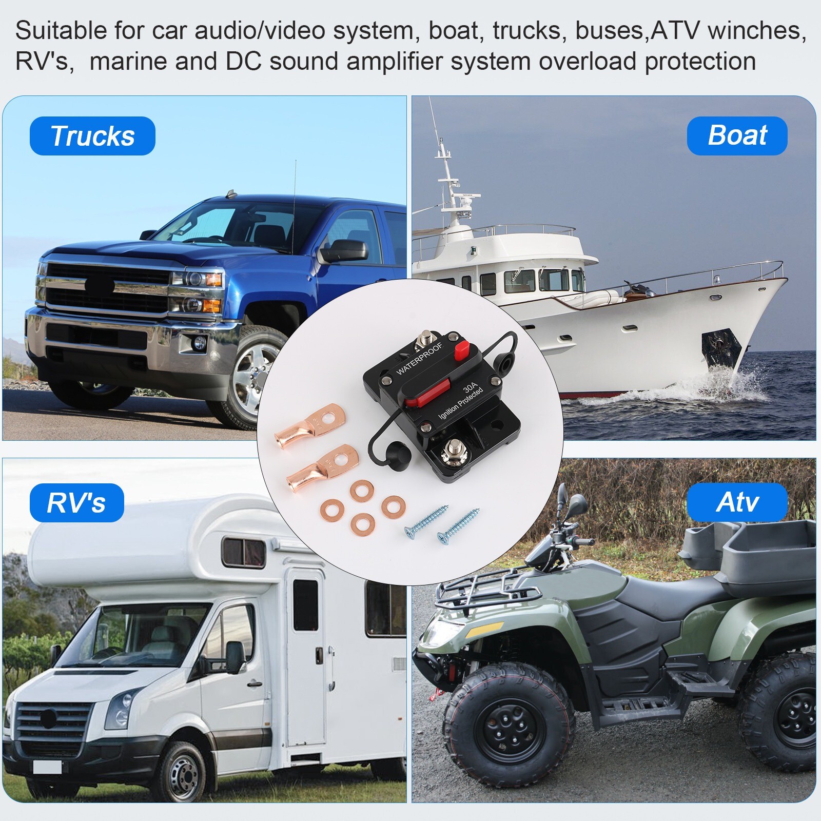 Waterproof Car Circuit Breaker Fuse Reset 30-300 Amp 12V-48V DC Car Boat Auto