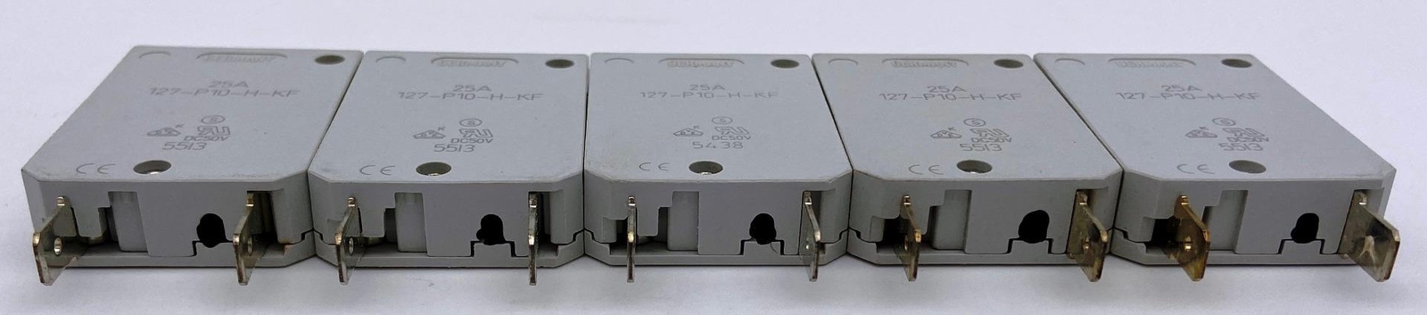 Qty 5, E-T-A 12-P10-H-KF Resettable 25 Amp Circuit Breakers, 250VAC, 28VDC, ETA