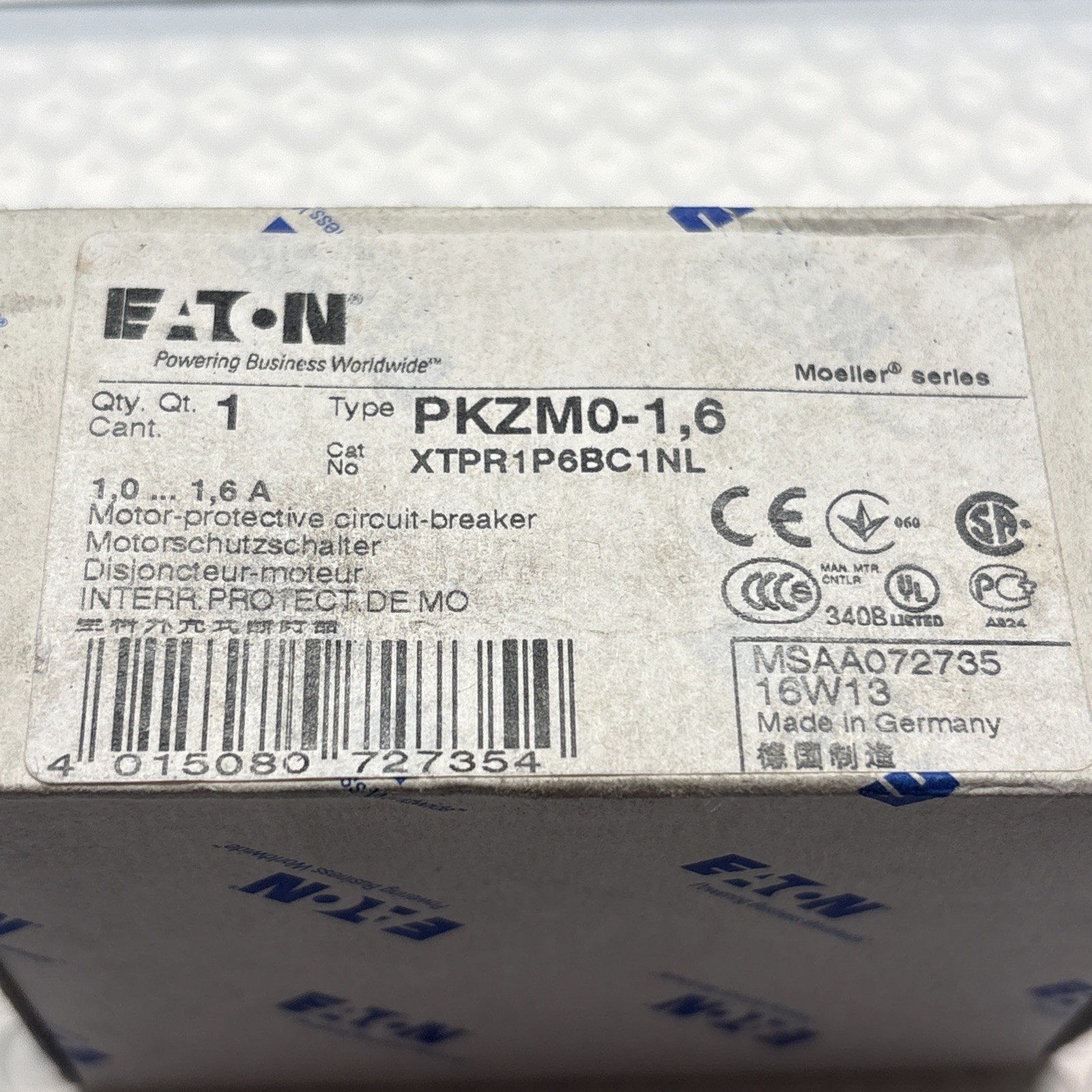 EATON MOELLER PKZM0-1,6 Circuit Breaker, XTPR1P6BC1NL, New