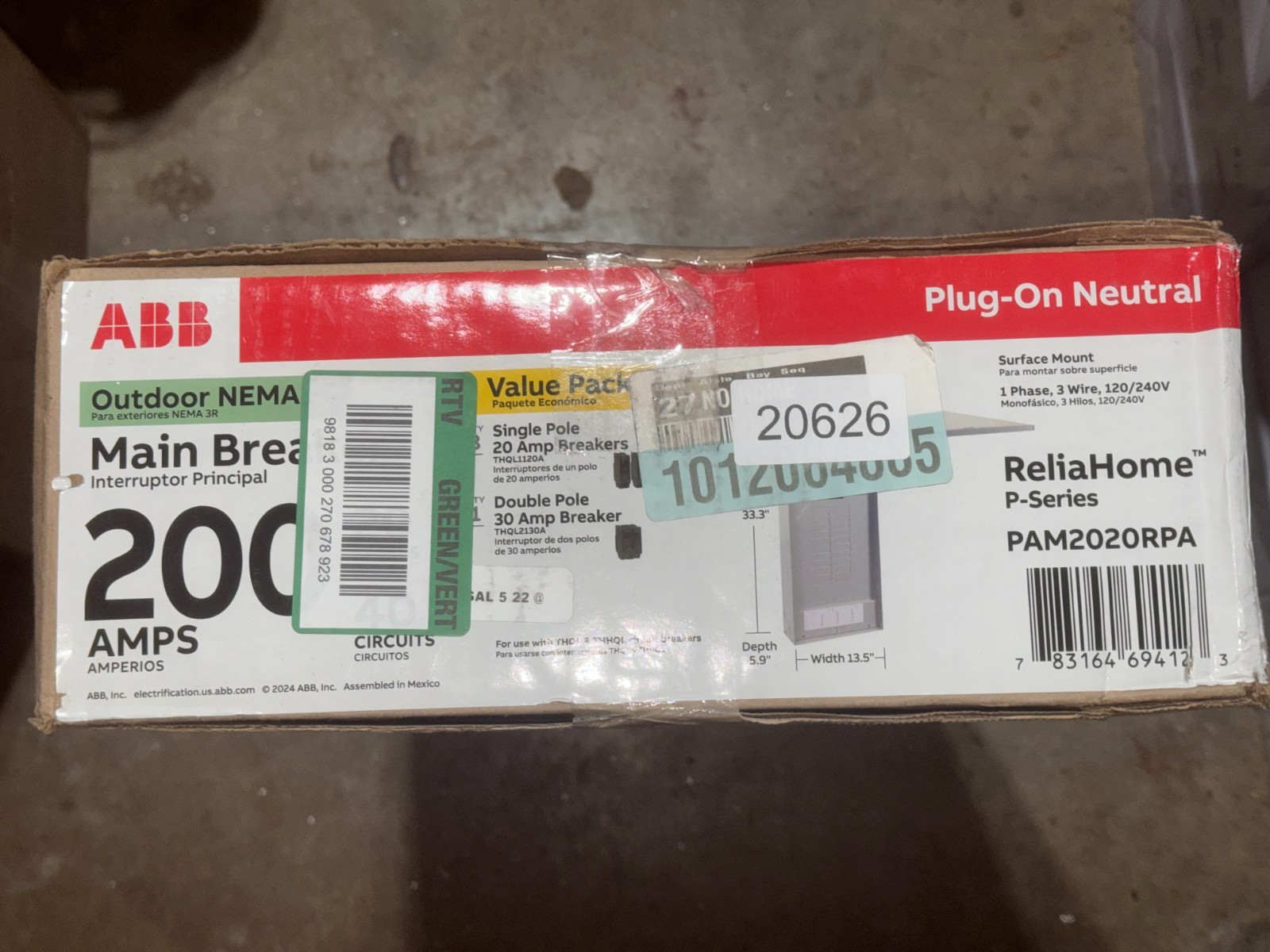 ABB 200A 20 Space 40 Circuit Outdoor Main Breaker Panel Value Pack PAM2020RPA