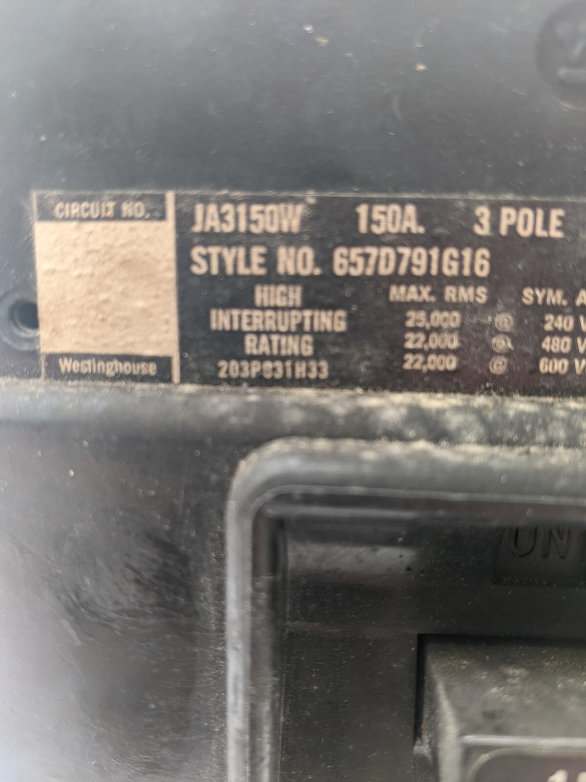 Westinghouse JA3150W Bolt-On Circuit Breaker 150A 600V 3P 3PH JA Used 150 AMP