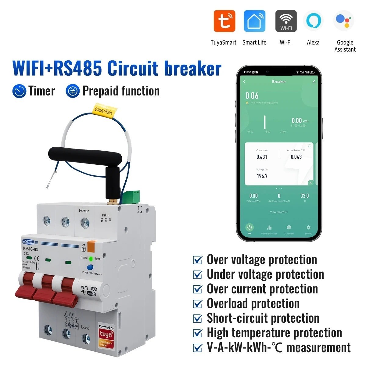 3 Phase 3P+N WiFi Smart Circuit Breaker TUYA Smart Life RS485 Modbus Din Rail