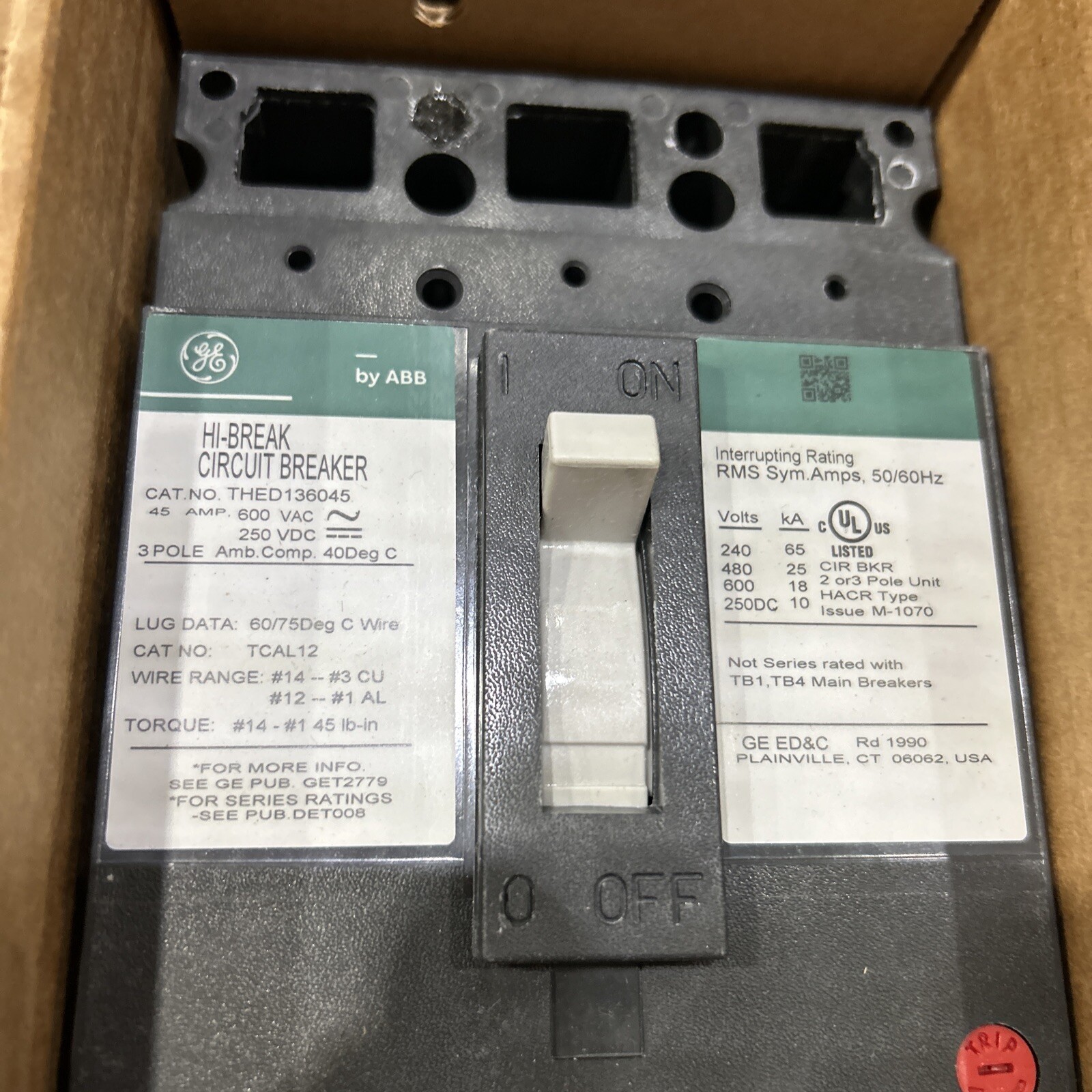 THED136045 GENERAL ELECTRIC CIRCUIT BREAKER E150 LINE THED TYPE 45 AMP 3 POL NEW
