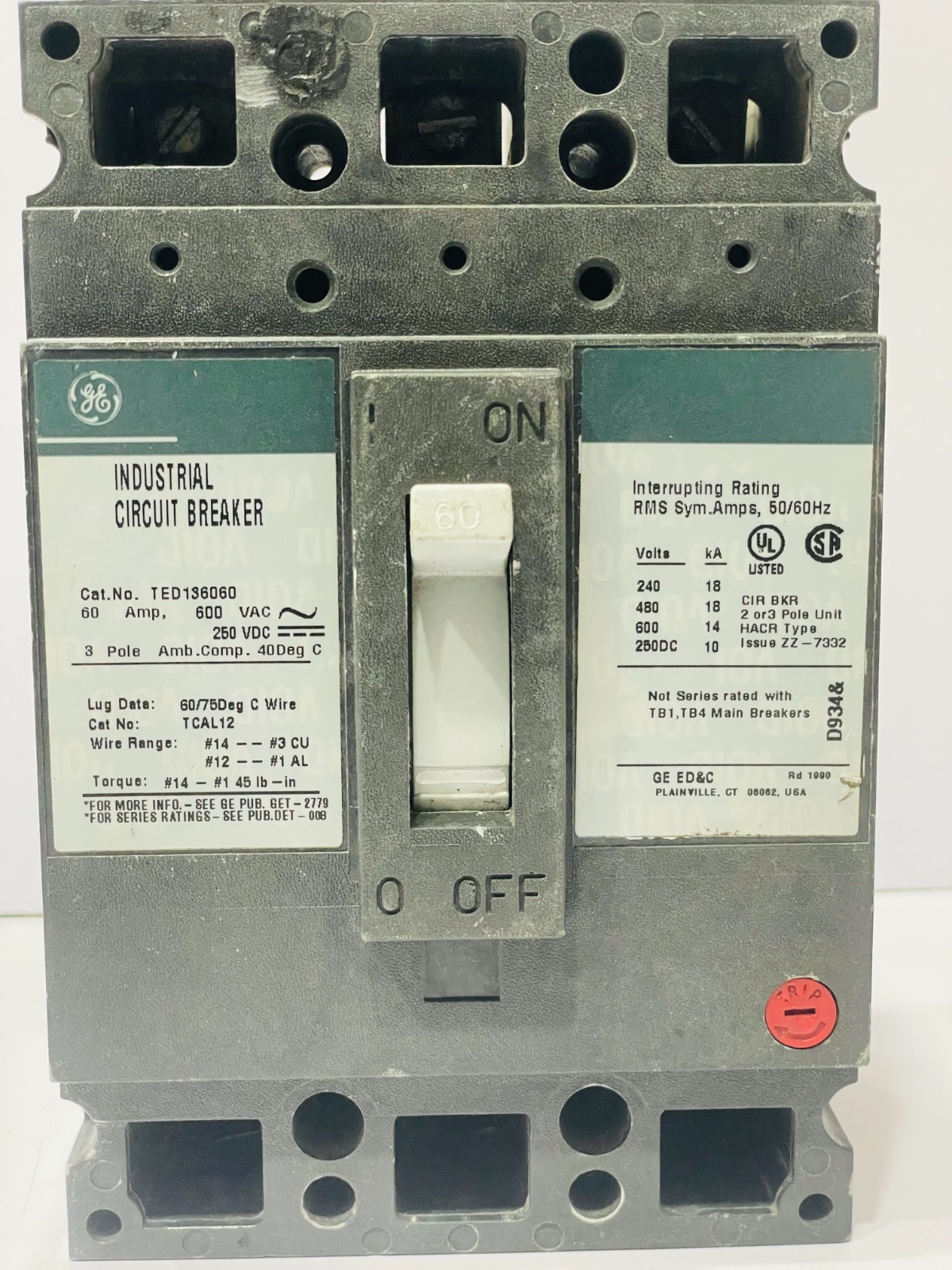 GE TED136060 60A 3 POLE 600VAC 250VDC INDUSTRIAL CIRCUIT BREAKER FREE SHIPPING