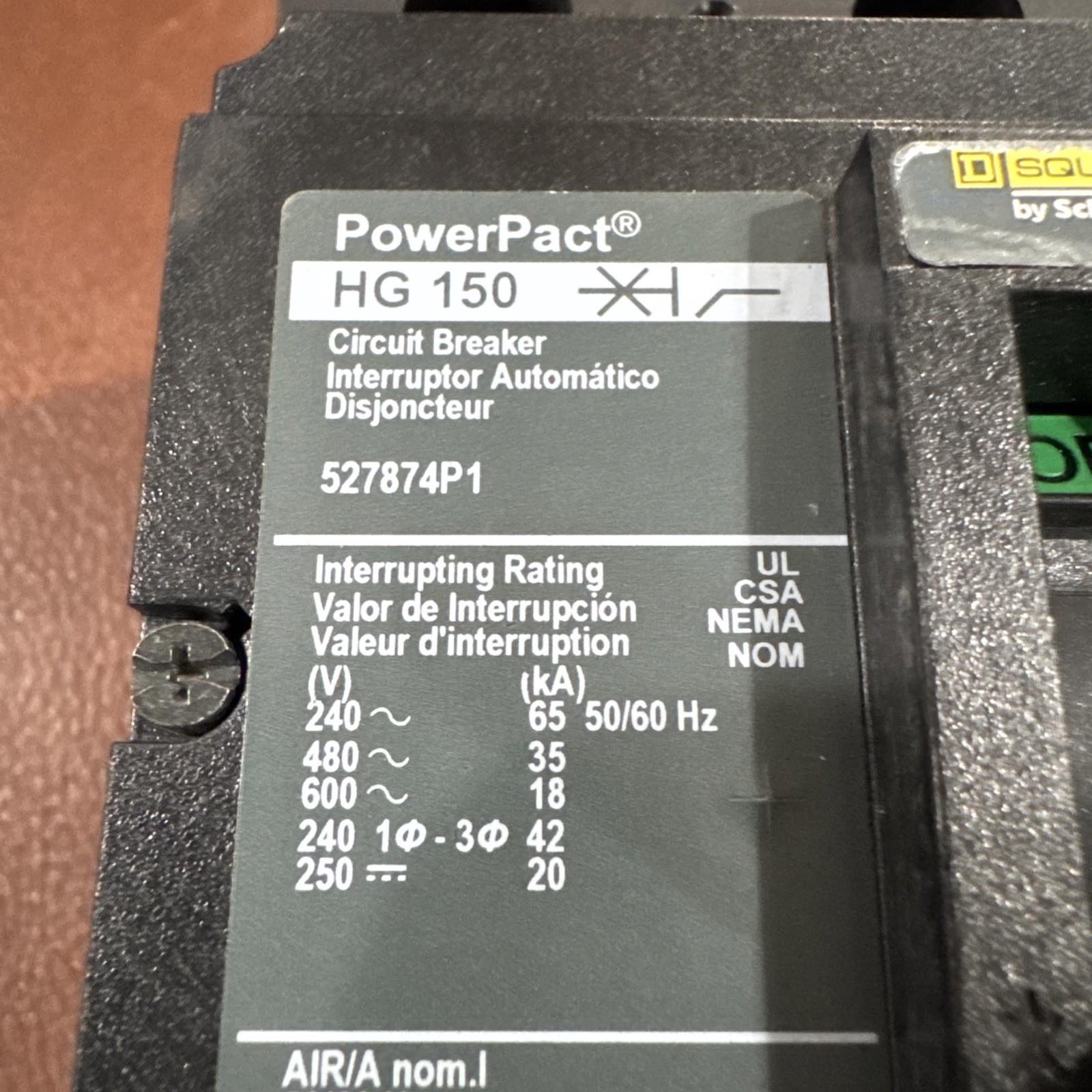 Square D 3P 125A PowerPact HG 150 527874P1 125 AMP Circuit Breaker 3 Pole