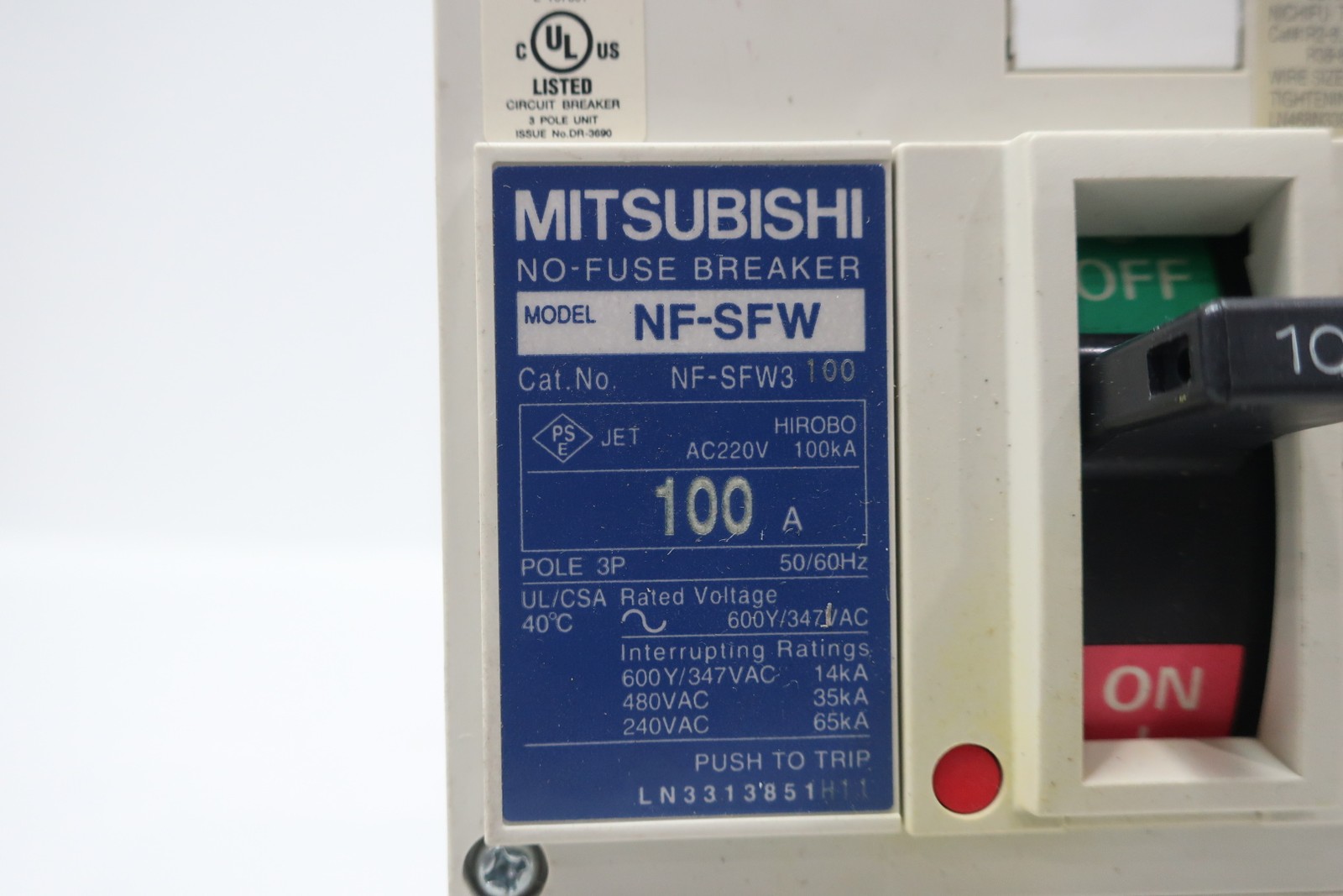 Mitsubishi NF-SFW3100 Molded Case Circuit Breaker 100a 600v-ac 3p