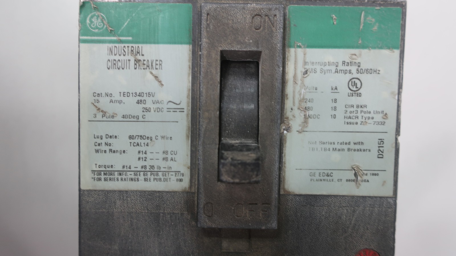 General Electric Ge TED134015V Industrial Circuit Breaker 15a 480v-ac 3p