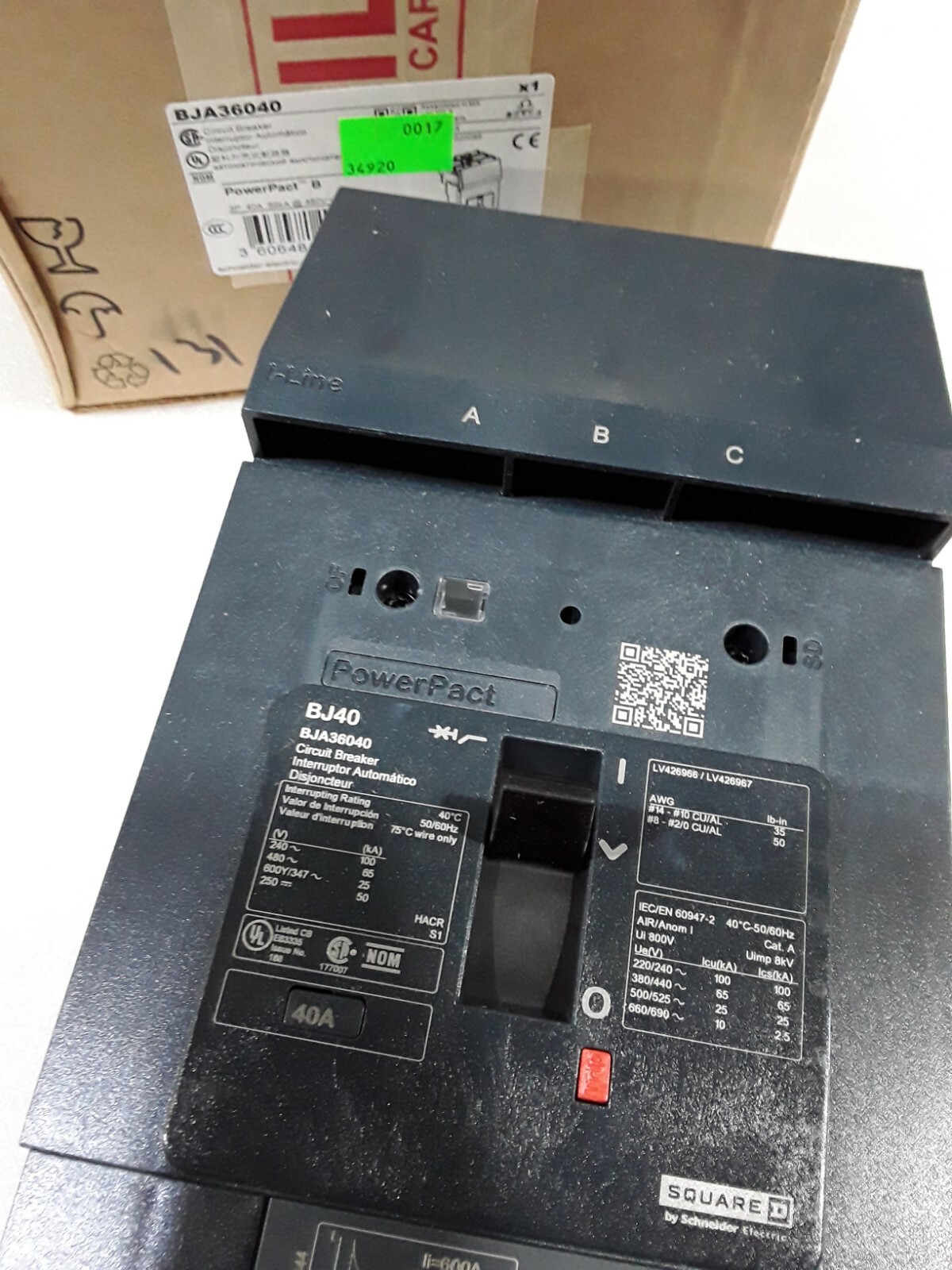 BJA36040 SQUARE D 3 POLE 40 AMP 65KA 600V POWERPACT CIRCUIT BREAKER NEW