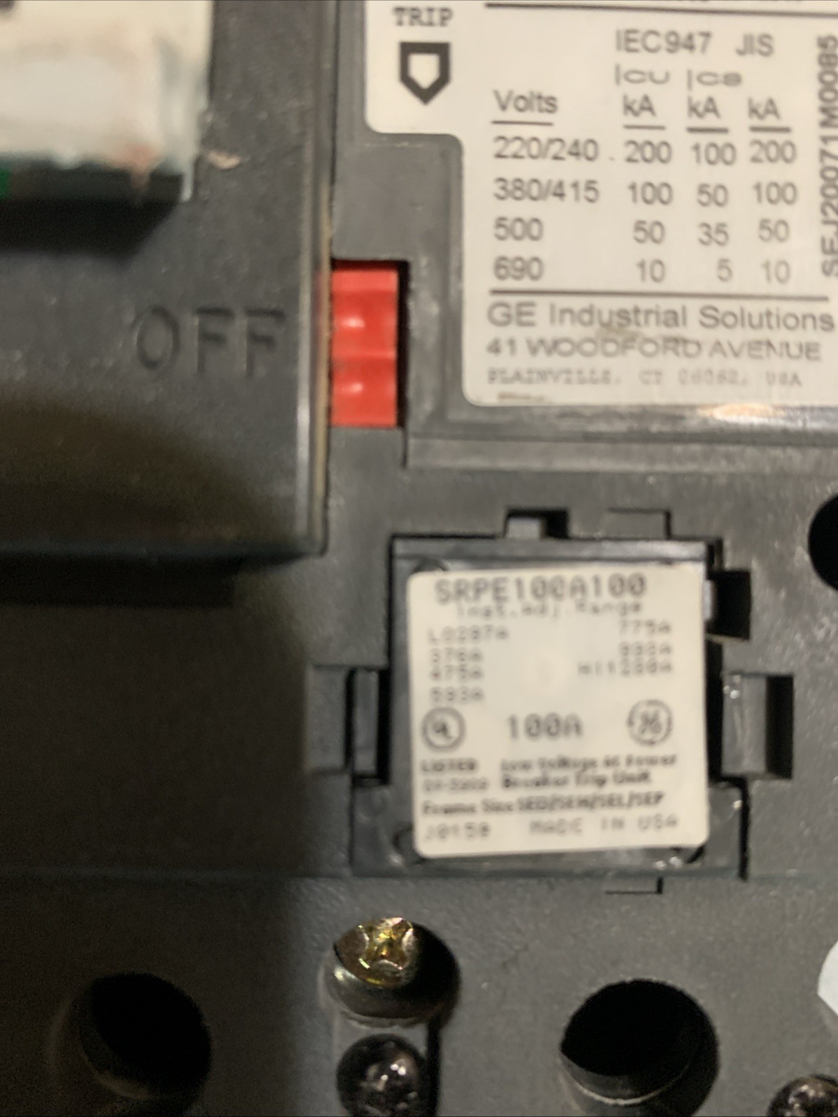 GE Spectra RMS AC Circuit Breaker 100A SEPA36AT0100 600V