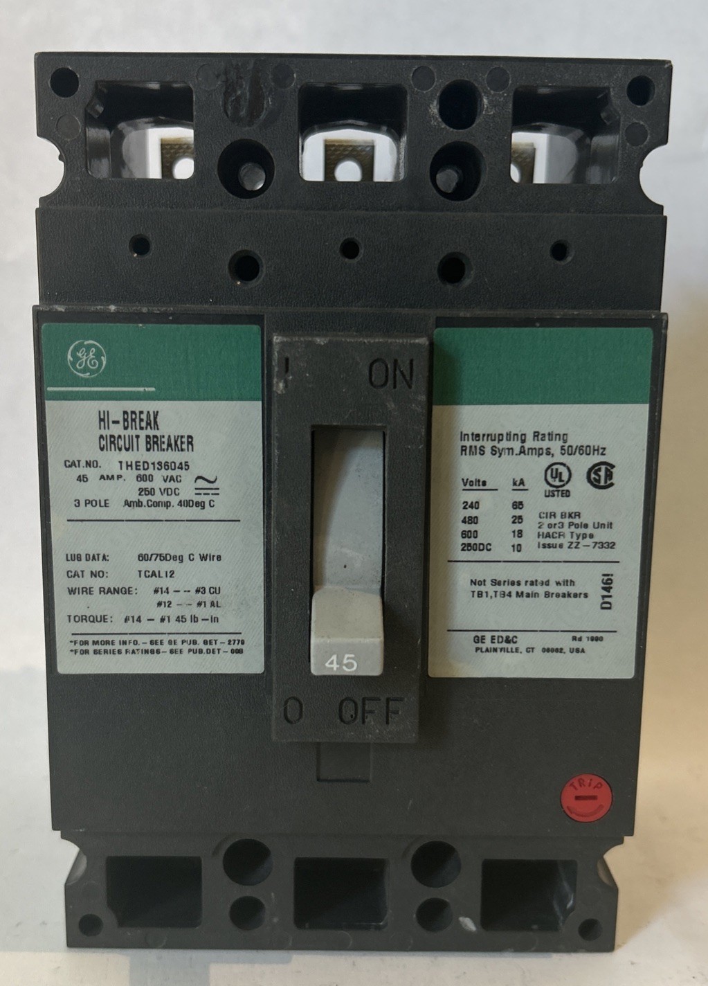 General Electric GE THED136045 45 Amp 3 Pole 600 AC 250 VDC Circuit Breaker