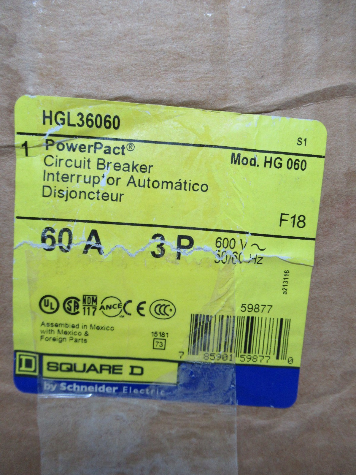 Square D HGL36060 Circuit Breaker 60 Amp 600 Volt 3 Pole 35K -NEW-O