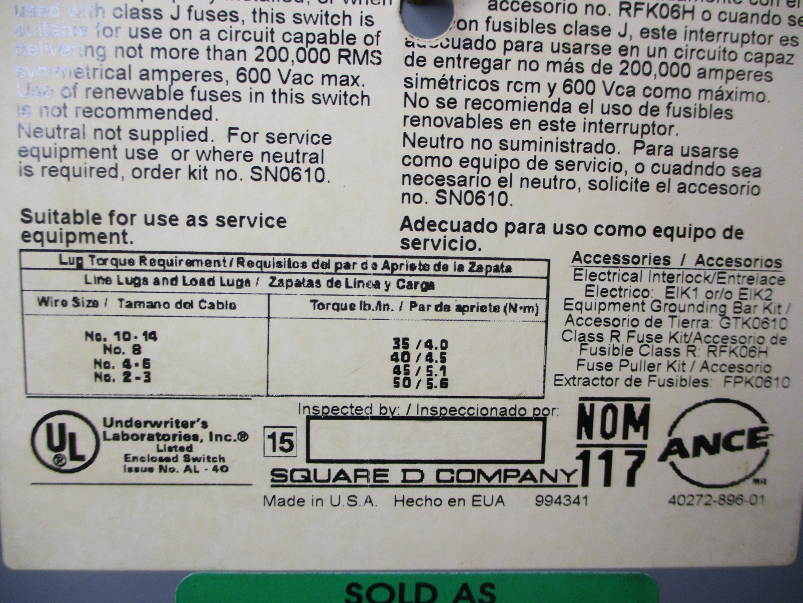 Square D 60A 600VAC 600VDC H362 F05 Type 1 Indoor Single Throw Enclosure 53590LR