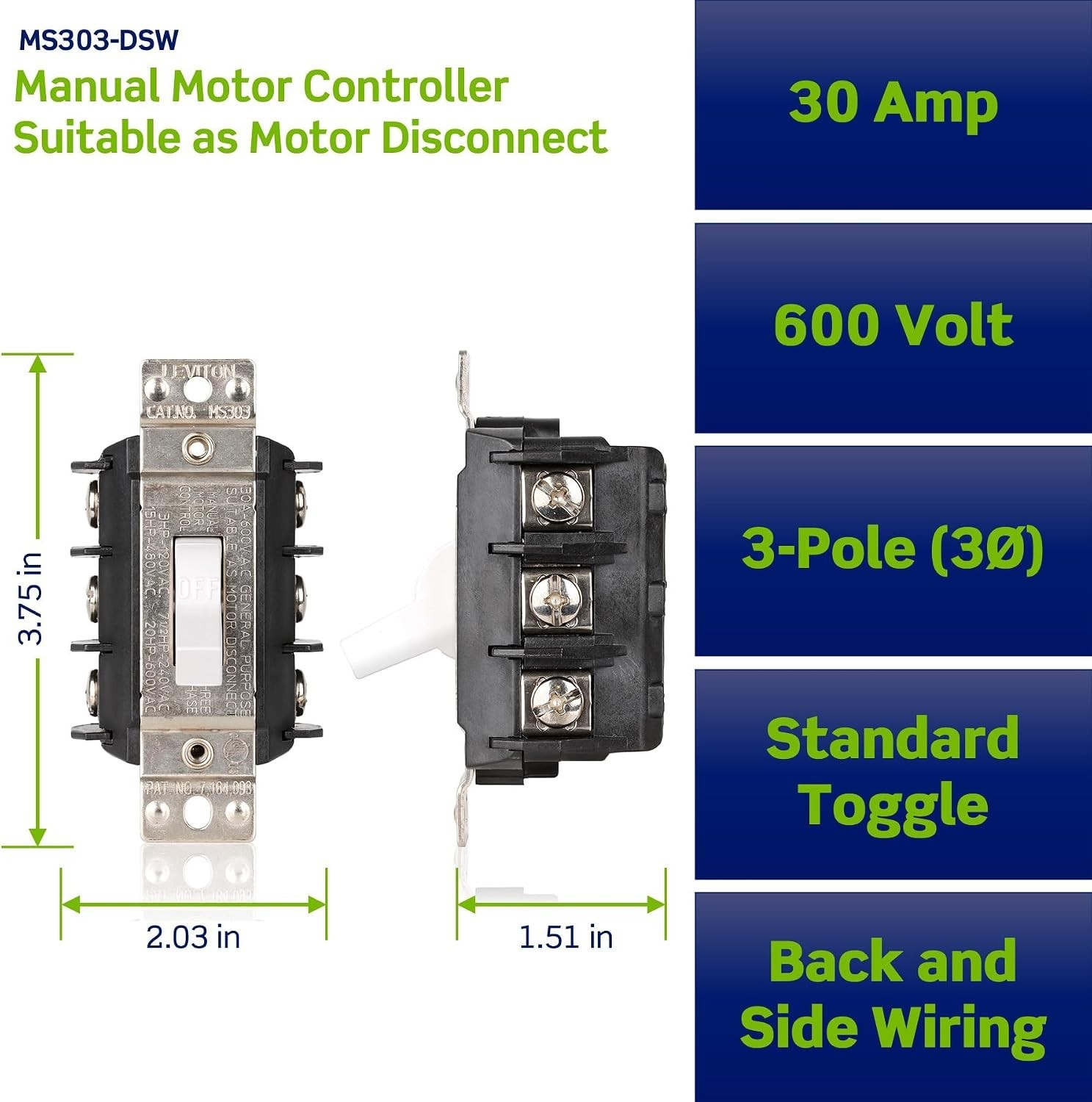 Leviton 30 Amp, 600 Volt, Pole, 3 Phase AC Manual Controller Suitable as Motor D