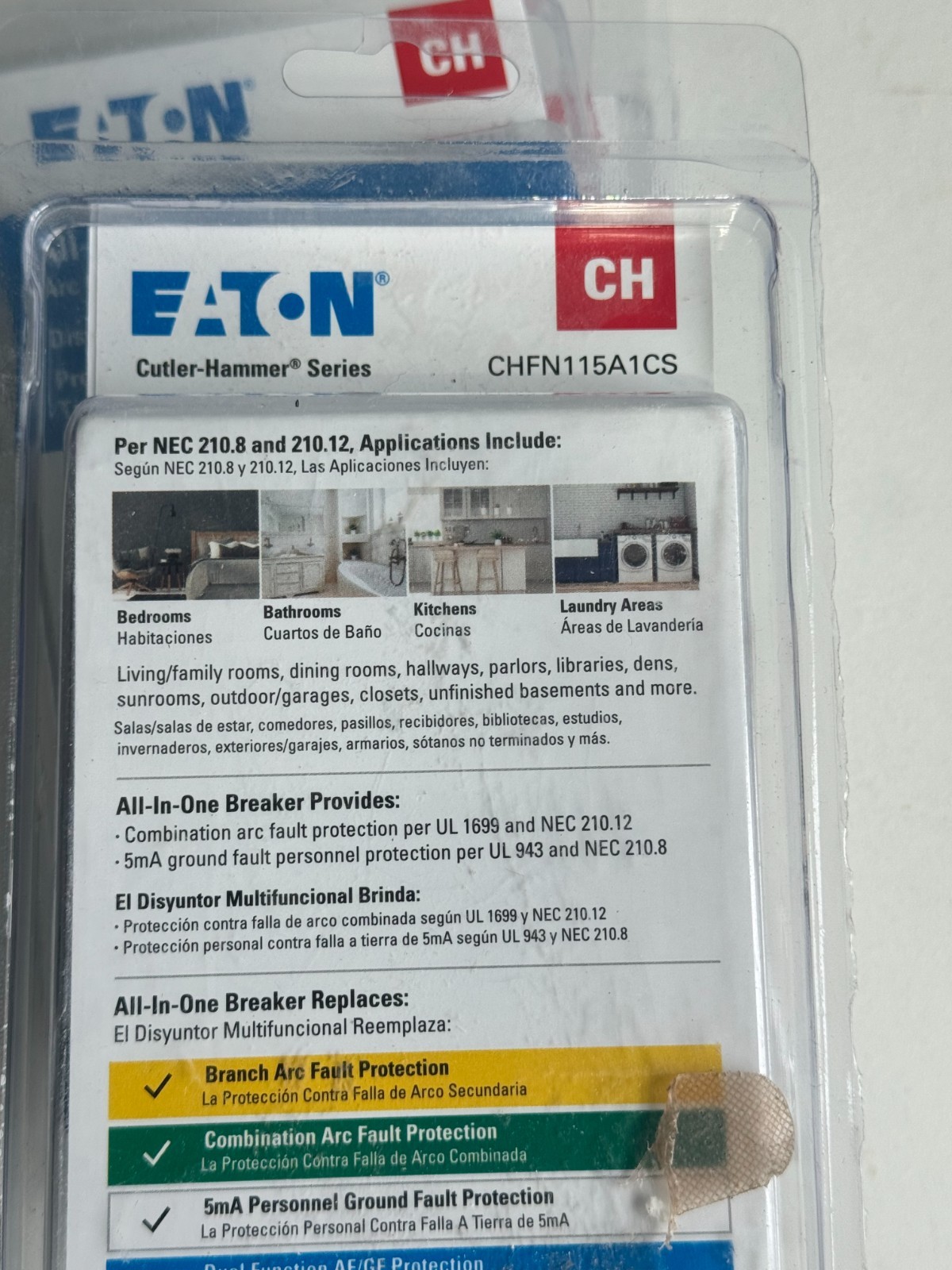 Eaton CHFN115A1CS 15 Amp Single Pole AFCI GFCI Circuit Breaker New