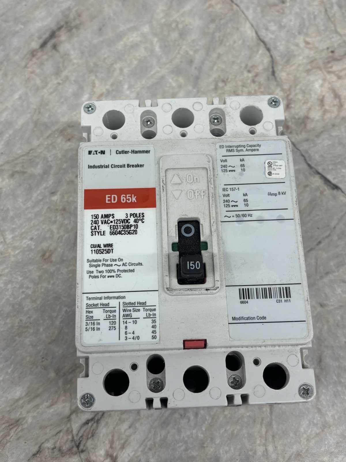 Cutler Hammer ED3150BP10 Industrial Circuit Breaker 150 Amp 3 Pole 240 Volt 65K